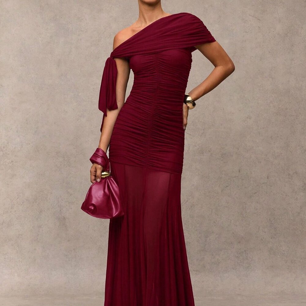Burgundy Elegant Women's Casual Minimalist Tie Strap Dress - Picture 3 of 8